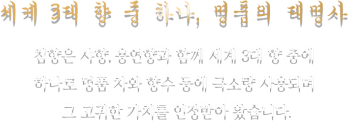 세계 3대 향 중 하나, 명품의 대명사  침향은 사향, 용연향과 함께 세계3대 향 중에  하나로 명품 차와 향수 등에 극소량 사용되며  그 고귀한 가치를 인정받아 왔습니다.